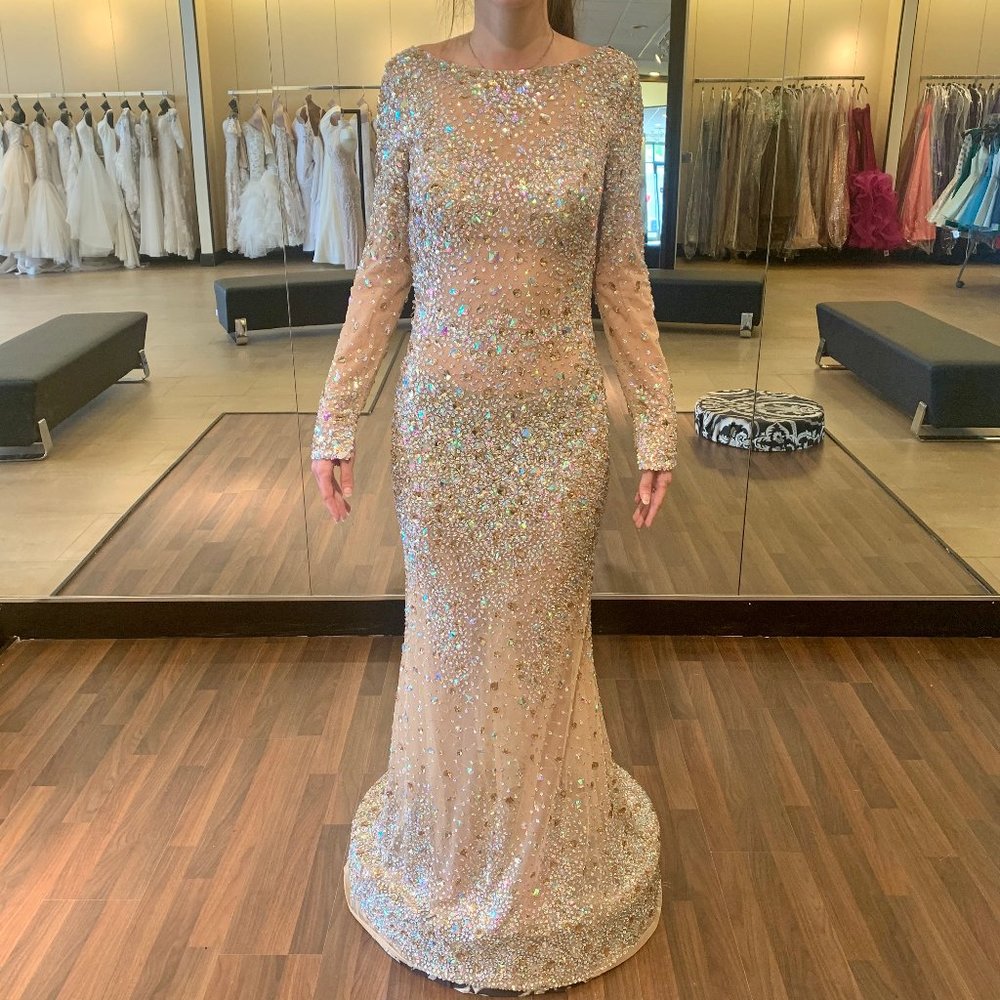 Long sleeve fully beaded gown, deep v back
